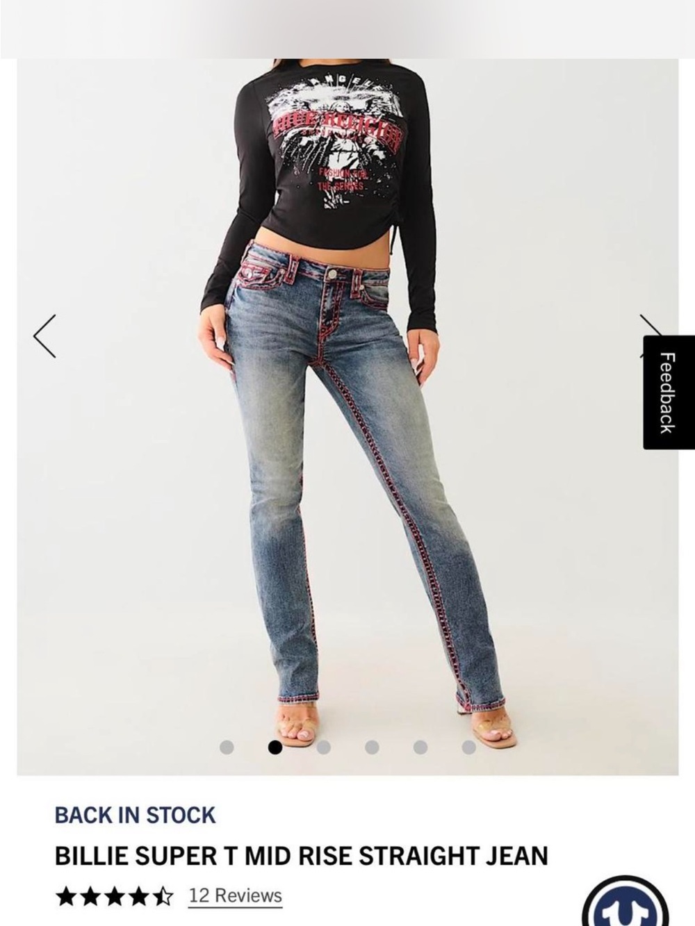 True Religion Blue Straight Leg Jeans with Pink Contrast